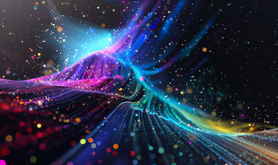 Wall Mural - abstract flowing fluid light particles colorful spectrum smooth curve on black background in concept