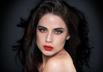 Poster - Beauty, makeup and portrait of woman on black background for skincare, wellness and glamour. Cosmetology, aesthetic and face of confident person with red lipstick, cosmetics and salon care in studio