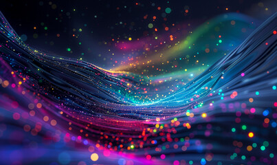 Wall Mural - abstract flowing fluid light particles colorful spectrum smooth curve on black background in concept