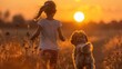 Silhouette of a teenage girl running with a shaggy dog in the park at sunset, embodying the concept of happy family freedom and a kid's dream.