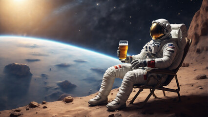 an astronaut drinking beer in an alien planet