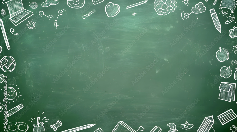 Green blackboard background with a doodle of school icons and a heart ...