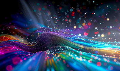 Wall Mural - abstract flowing fluid light particles colorful spectrum smooth curve on black background in concept
