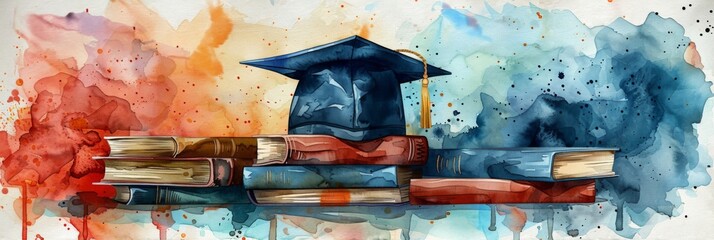 Wall Mural - Watercolor graduation cap on stack of books, illustration
