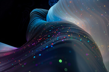 Wall Mural - Abstract flowing fluid light particles colorful spectrum smooth curve on black background in concept technology, science.