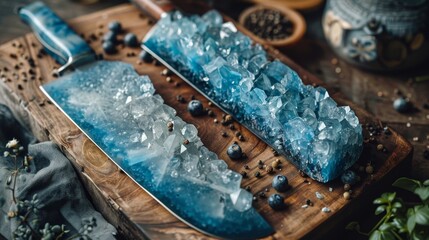 Canvas Print - two knives with blue crystals on them are on a wooden cutting board