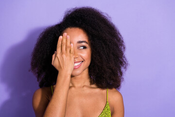 Sticker - Photo portrait of gorgeous young girl palm cover eye look empty space wear trendy green sequins outfit isolated on purple color background