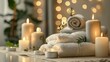 Serene spa ambiance: candles, essential oils, fluffy towels, promoting relaxation and self-care.