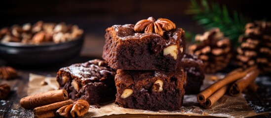 Poster - Delicious brownies garnished with nuts and cinnamon