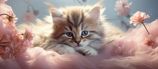 Poster - Fluffy kitten nestled among pink flowers