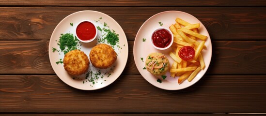 Canvas Print - Plates of food featuring french fries and ketchup