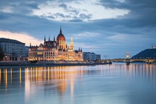 Budapest Skyline With The Strikingly Beautiful Parliament Building At Hungalian Parliament And Danube River, Budapest,,  Ai Generated