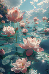 Wall Mural - Pink and white lotus rises majestically from radiant turquoise waters, 3D illustration 