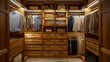 Elegant wooden closet with well-arranged clothing and illuminated shelves