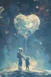 Fototapeta Do akwarium - A celestial duo drifts in zero gravity, embracing a heart-shaped balloon - a cosmic tribute on Mother's Day.