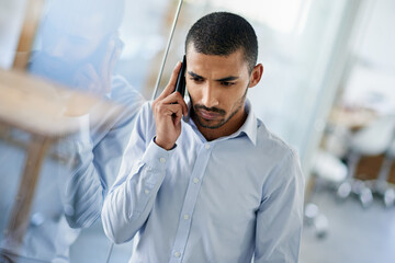 Poster - Man, listen and phone call in office with news from client in real estate, development and feedback. Property, realtor and chat to contact with ideas for planning decision in business or investment