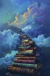 An enchanting display of a book staircase reaching towards the heavens, recounting tales of heroism, evoking Memorial Day reflections.