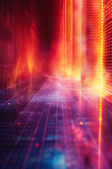 Aufkleber - A pulsating neon grid on a dark backdrop, evoking an 80s retro-futuristic feel,