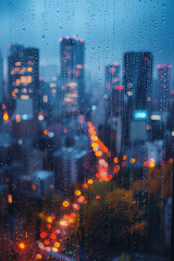 Fototapete - A rainy window bokeh, droplets distorting and diffusing the city lights outside,