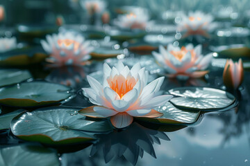 Aufkleber - A serene lotus pond, water lilies and lotus flowers floating peacefully, perfect for meditation themes,