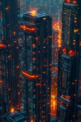 Poster - A server farm from above, rows of servers glowing like a city grid at nighttime,