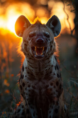 Fototapeta a spotted hyena returning to its den at dawn, its mouth bloodied but victorious,