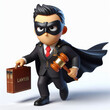 This imaginative image depicts a superhero lawyer character, with a cape, holding a gavel and a law book, symbolizing justice and law