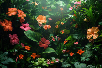 A tropical rainforest underbrush scene, lush and dense with exotic flowers and foliage,