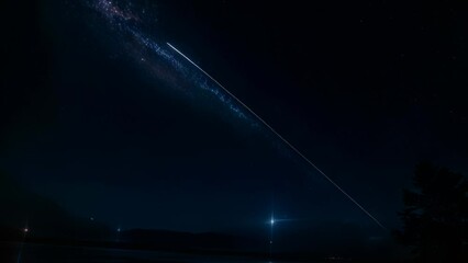 Wall Mural - Video animation of night sky with a prominent streak of light, possibly from a meteor or spacecraft. bright point at the lower end of the streak, which could be the source or impact point.