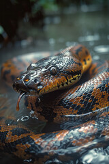 Poster - An anaconda coiling around its catch in the murky waters of a South American river,