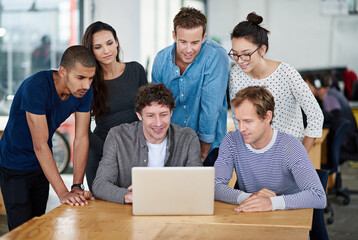 Poster - Happy, people and office with laptop for teamwork, collaboration and training with mentor. Support, help and learning with technology for career growth, progress and review as graphic designers