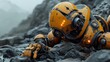 A lone yellow robot lies broken and defeated in a rocky landscape.
