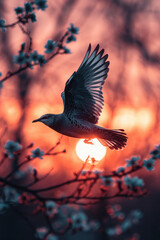 Poster - The silhouette of a bird in flight, its form merging with the watercolor sky,