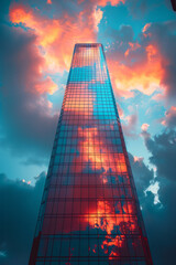 Poster - The reflective surface of a skyscraper, clouds and sunsets distorted in the glass,