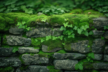 Poster - The velvety texture of moss on an old stone wall, a lush and quiet backdrop of green,