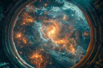 Poster - The view from a spaceship's window, showing a distant supernova explosion in vivid detail.