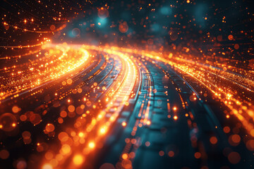 Poster - A dynamic visualization of internet traffic, lines and pulses moving rhythmically across a dark background,