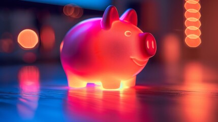 A pink neon piggy bank sits on a wooden table against a blurred background of blue and orange lights.