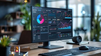 Wall Mural - Multiple computer screens on a desk showing colorful data analytics and statistics, reflecting modern workplace