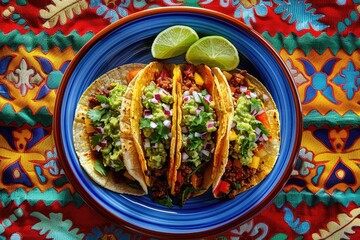Wall Mural - Mexican tacos with guacamole and vegetables in a blue plate on a Mexican embroidered textile