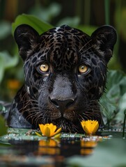 Wall Mural - Black jaguar in a South American wetland