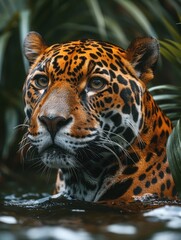 Wall Mural - jaguar in the water on the river. green natural jungle background. panthera onca.