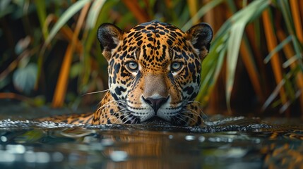Wall Mural - jaguar in the water on the river. green natural jungle background. panthera onca.