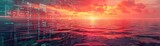 Fototapeta  - On the digital horizon, binary sunsets cast glowing reflections over a motherboard sea, creating a serene techinspired vista, background concept