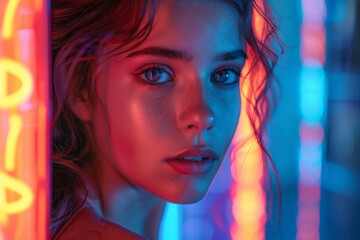 Aufkleber - A neon-infused portrait, with strategic lighting accentuating features in bold colors,