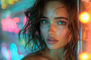 Aufkleber - A neon-infused portrait, with strategic lighting accentuating features in bold colors,