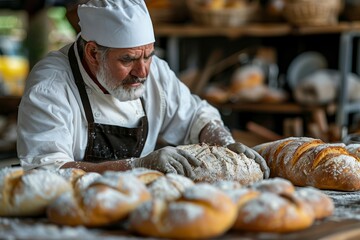 A professional baker in uniform kneads dough among freshly baked bread loaves, embodying the traditional art of baking