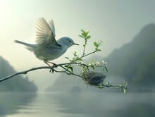 A Small Bird Is Perched On A Branch Near A Nest. The Bird Has Its Wings Spread And Is Looking At The Nest. The Background Is A Blurred Landscape With Mountains And A Lake.