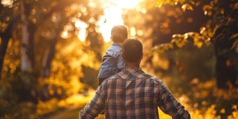 View from behind, a father carrying his son walking outdoors in a natural park. introduce their children to nature.
