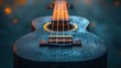 A black ukulele with selective lighting on its frets and strings. AI generate illustration